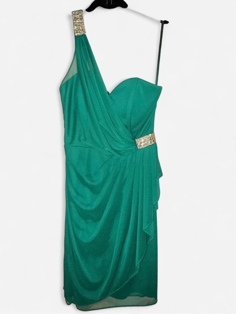 Cache Teal One-Shoulder Cocktail Dress with Gold Accents